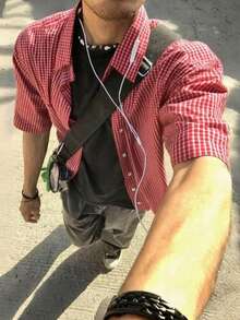 Men's Plaid Short Sleeve Single-Breasted Casual Shirt, Summer - Red - View 1