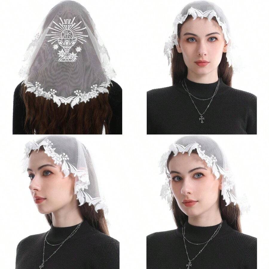 Bozidol Women Girls First Holy Communion JHS Chalice Embroidery Lace Mantilla Chapel Veils For Church Catholic Head Coverings - White - View 1