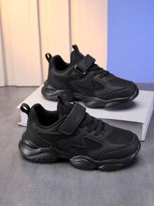 1 Pair Kids Black Mesh Breathable Running Shoes, Boys Girls Sports Shoes With Hook And Loop Fastener