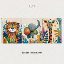 Juego de 3 lienzos decorativos con animales sin marco, estilo moderno, impresiones de león, elefante y jirafa en dirección retrato, tema de la jungla interior, incluye pósters sin marco, adecuado para el hogar, la oficina, la sala de estar y el dormitorio