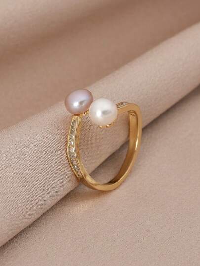 خاتم مفتوح قابل للتعديل للنساء من اللؤلؤ الطبيعي والزركونيا مطلي بالذهب عيار 18 قيراط قطعة واحدة