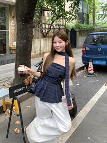IUNQ [Free Shipping] Korean Style Summer Sleeveless Tube Taupe Check Pattern Short Camisole Tank Top + Halter Neck Two-Piece Set Stylish Y2k Gal Style Top - Màu xanh hải quân - Xem 3