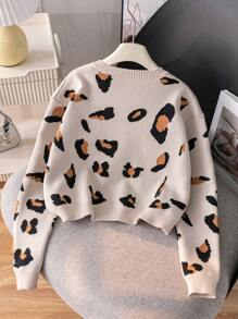 女童欧美豹纹蝴蝶结短款开衫针织衫，适合日常、派对、春秋冬