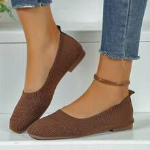 Women'S Black Woven Fabric Slip-On Flats - Casual Square Toe Shoes For Indoor & Outdoor Wear, All-Season Comfort With Rubber Sole, Breathable & Stylish Design - 藕色 - 查看 3