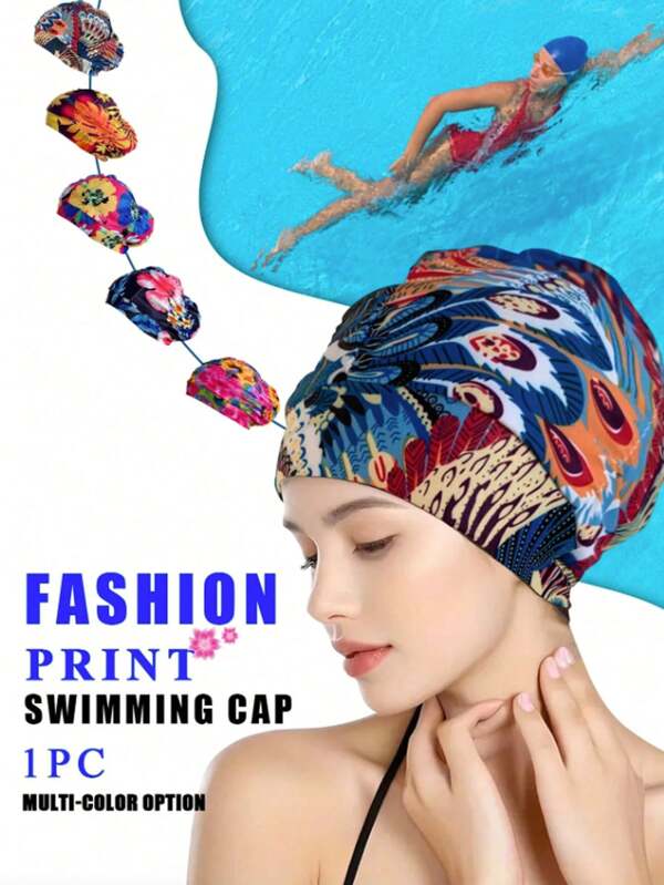 1pc Fashionable Printed Elastic Waterproof Swimming Cap, Summer Beach Essential Ear-Protecting Cap, Highly Elastic Anti-Slip Swimming Cap, Suitable For Long, Curly, Thick Hair And Braids - Perfect For Swimming Pools, Beaches And Summer Entertainment, Beach Accessories, Pool Float