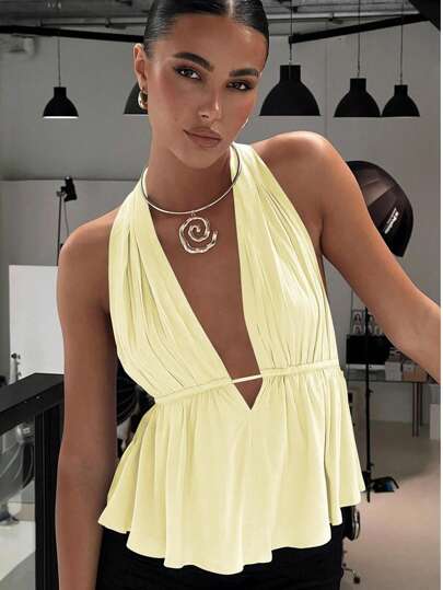 Women's Solid Color Bowknot Polyester Backless Knotted Ruffle Lace-Up Beach, Evening, Date, Wedding, Home, Formal Dinner, Street Photo Top, Spring/Summer