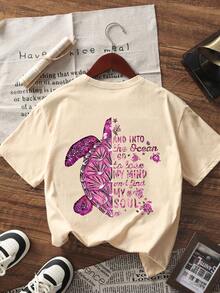 1pc Tween Girls Tropical Sea Turtle Graphic Print Summer Short Sleeve T-Shirt, Student/Young Kids Apparel, Suitable For Beach Wear - Apricot - View 4