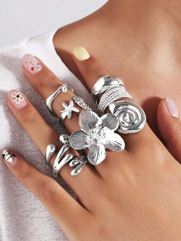 8 Pieces/Set Vintage Smooth Vegan Ring Fashion Ring Bohemian Starfish Personalized Ring