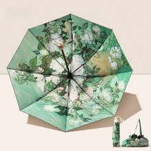 1PC Triple Fold Flower Language Manual Sunny Umbrella Retro Rain And Rain Dual Use Black Gel Sunscreen Umbrella