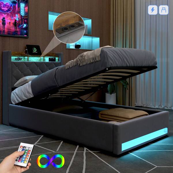 okwish Polsterbett Hydraulisches Bett mit Stauraum und Lattenrost, Einzelbett mit LED Kopfteil Steckdose und USB Ladefunktion, Samt Dunkelgrau Ohne Matratze