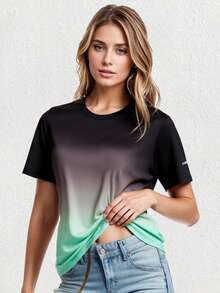 Women's Minimalist Ombre Short Sleeve Sports Running T-Shirt, Suitable For Spring/Summer - Green - View 3