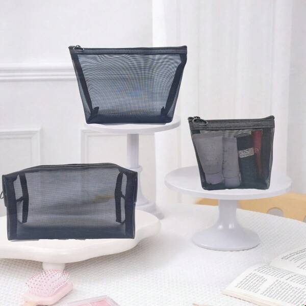 1 pieza/2 piezas/3 piezas Bolsa de maquillaje de malla de nailon, organizador de cosméticos de viaje, estuche de lápices transparente multifuncional con cremallera, apto para uso en exteriores e interiores