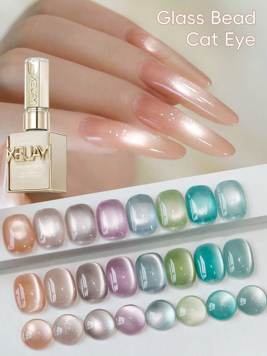 XEIJAYI 8Pcs 15Ml Clear Glass Bead Series Cat Eyes Nail Polish Soak Off UV LED Gel Varnish Nail Art For Women DIY-No Magnetic Stick Included - 彩色 - 查看 1