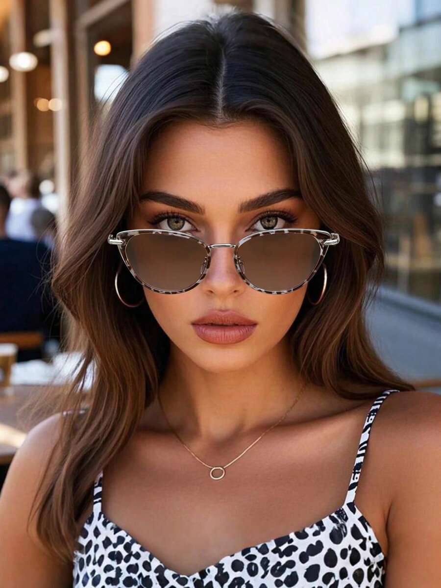 1 件豹纹猫眼时尚眼镜，金属镜腿和 PC 镜框，带几何铆钉，Y2K 配饰，返校季，混合材质，魅力四射，适合海滩派对/日常佩戴/度假旅行。猫眼形墨镜 - 彩色 - 查看 1