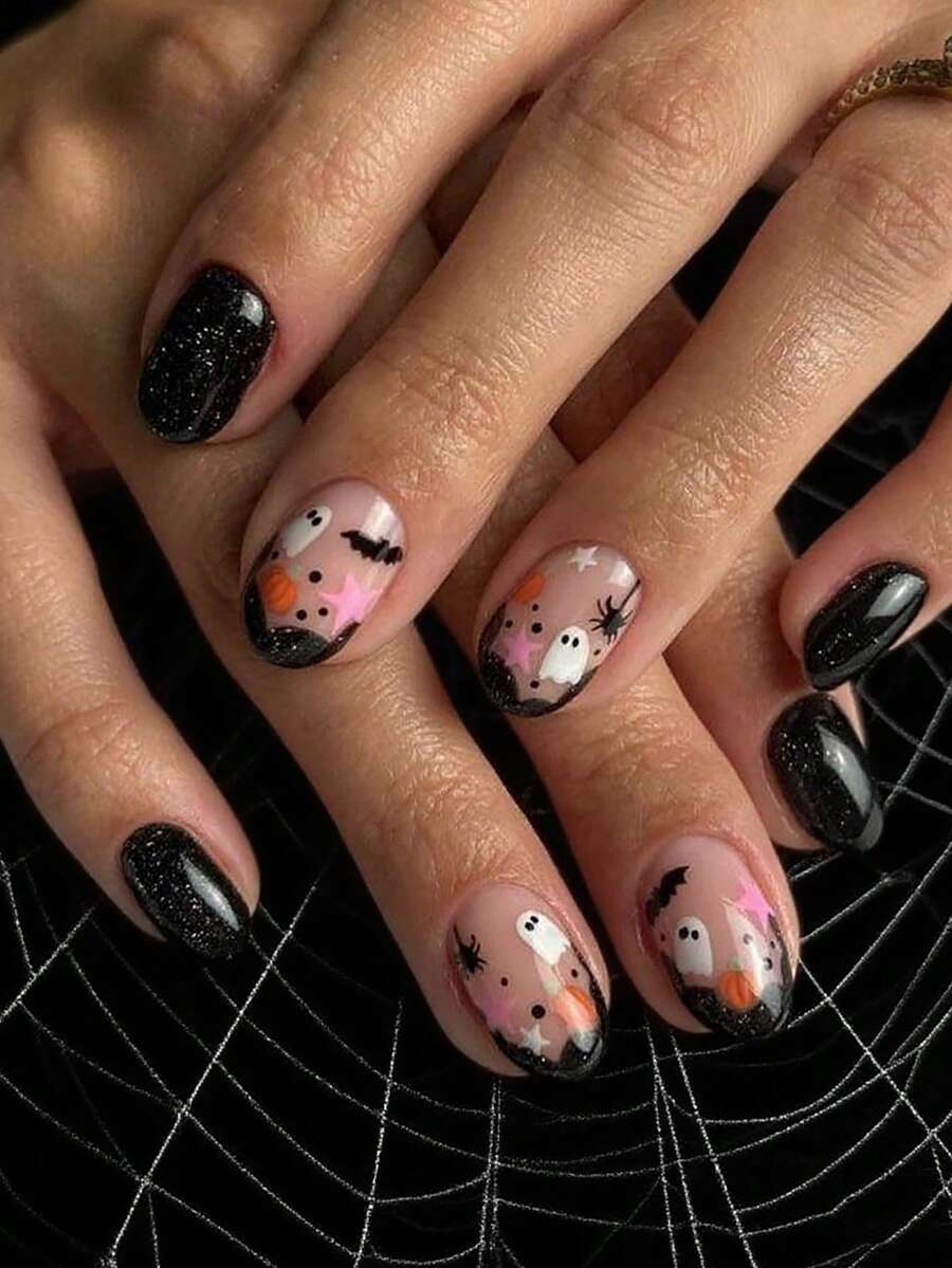 24 Peças Unhas Curtas Redondas, Unhas Falsas de Fantasmas, Abóboras, Estrelas Rosas e Aranhas Pretas do Halloween, Suprimentos de Unhas para Usar, Unhas Falsas de Verão, Unhas para Colar
