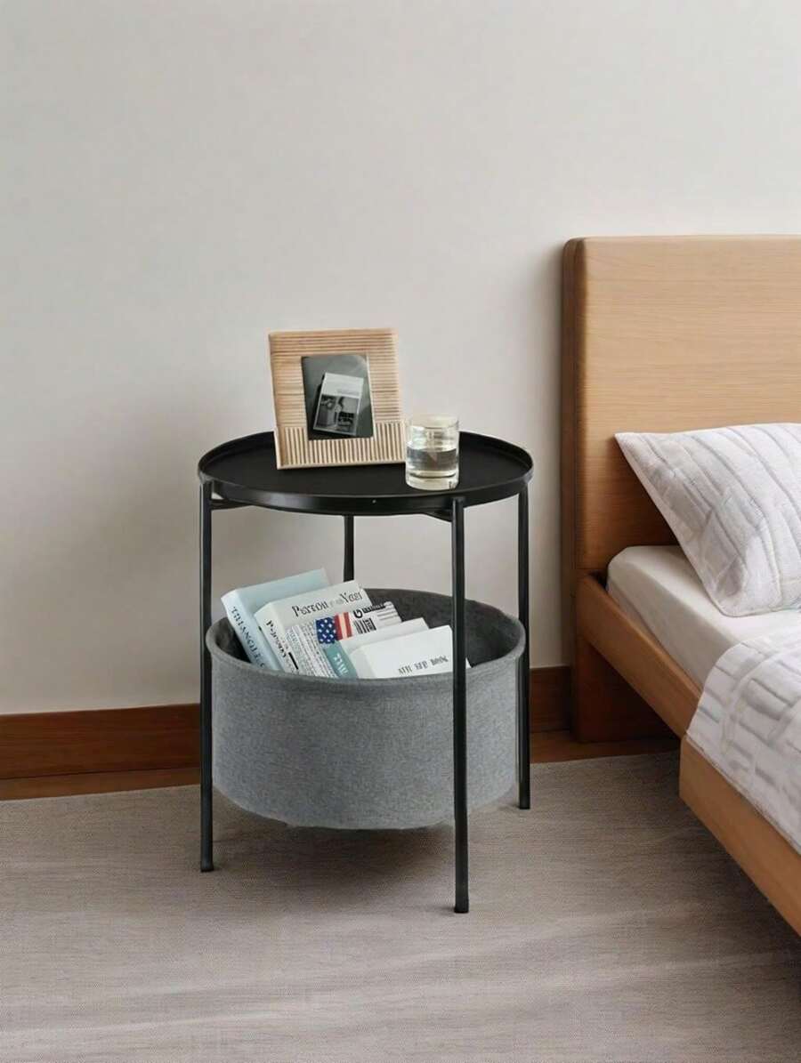 Scandinavian Round End Table With Fabric Basket | Multi-Use Sofa/Bedside/Coffee Table | No-Tool Assembly & Foldable Design | Stylish Storage For Living Room, Bedroom & Office.