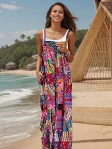 1 件女式波西米亚复古印花连体裤，100% 涤纶，无弹性面料，宽松版型，直筒裤，细肩带，休闲风格，适合春/夏/秋季海滩 - 彩色 - 查看 3