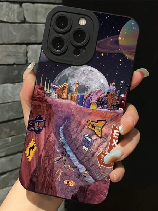 1pc Imagination Cosmos Moon Pattern Printed Black Phone Case For IPhone 16 Pro Max/16/16 Pro/16 Plus/15 Pro Max/15 Pro/15 Plus/15/11/12/13/14 Pro Max/XS/XR/11 Pro/11 Pro Max/12 Pro/12 Pro Max/13 Pro/13 Pro Max/7 Plus/14 Pro/14 Pro Max/14 Plus, Durable, Easy To Clean And Comfortable To Hold