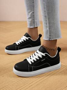 女士时尚黑色拼接前系带舒适平底休闲鞋，适合日常、户外、情侣、校园、休闲、运动 - 黑色 - 查看 5