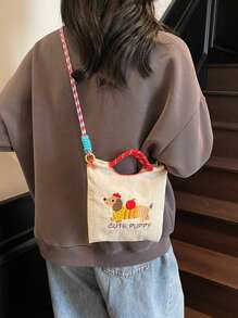 时尚女士手提包，新款单肩包，小众设计，休闲斜挎包，简约时尚手提包，舒适尼龙面料，纯色设计，刺绣装饰，开口设计，可调节和可拆卸肩带，宽敞时尚水桶包 - 白色 - 查看 3