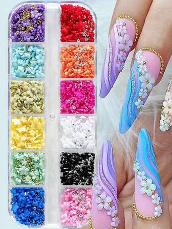 No Odor 12 Grid 3D Acrylic Flowers Y2K Nail Art Decorations, Simple Mixed Size Colored Flowers Gold Steel Beads Diy Snowflake Flat Multi-Color Nail Decorations Cute Floral Nail Decorations Kawaii Jewelry Accessories Nail Supplies Nails Nail Charms Nail Gems