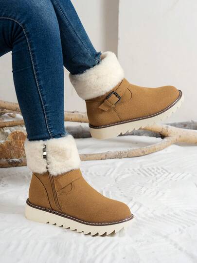 2025 Herbst/Winter Neue Ankle Boots, Flauschige Fellkurze Stiefel, Einfarbige Lässig Schnallen Kunstfell Patchwork, Leichte Bequeme Warme Schneestiefel für den Outdoor-Winter