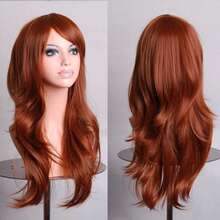 鲜艳的红色长波浪假发带刘海 - 耐热合成假发，适合动漫和万圣节派对，可调节尺寸，完美贴合，假发配件