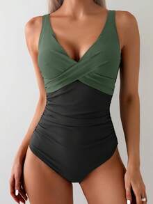 Women's One-Piece Swimsuit, Tummy Control, Criss-Cross Backless V-Neck Slimming Swimwear - Army Green - View 2