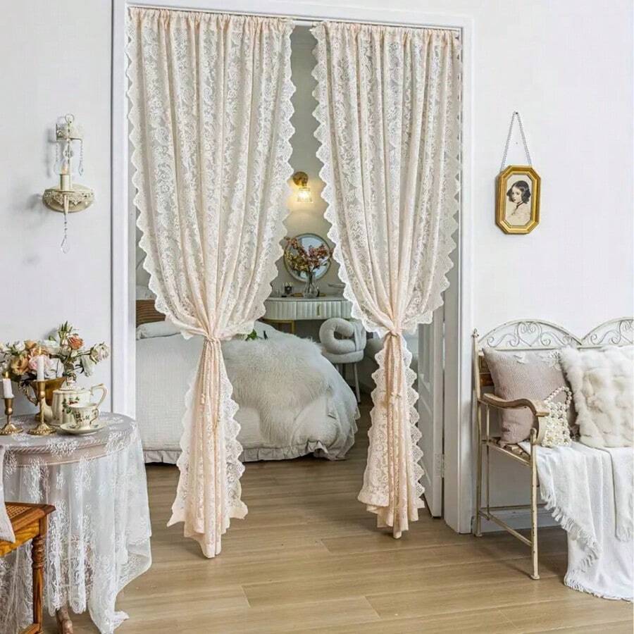 1pc Elegant Phoenix Tail Lace Chiffon Curtain, Suitable For Living Room, Kitchen And Home Decoration. - Cà phê nâu - Xem 1