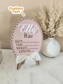 1 szt. Drewniany znak z imieniem noworodka, spersonalizowany znak z wstążką i kokardą z imienia noworodka, okrągły drewniany znak z imieniem urodzeniowym, rekwizyty do zdjęć "Witaj świecie", idealna pamiątka dla świeżo upieczonych rodziców, drewniana taca z ogłoszeniem o narodzinach dziecka, ogłoszenie o narodzinach w szpitalu, miesięczne karty z napisami dla dziewczynki i chłopca - Wielokolorowe - Zobacz 2