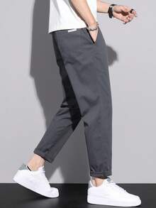 Men's Solid Color Drawstring Waist Casual Tapered Cropped Pants - Dark Grey - View 4