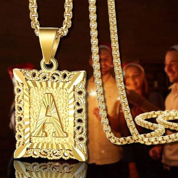Collar con colgante de inicial para hombres y mujeres, collar con monograma en letra mayúscula cuadrada, collares con cadena de caja con letras del alfabeto de A a Z, cadenas cuadradas Rolo para hombres y mujeres