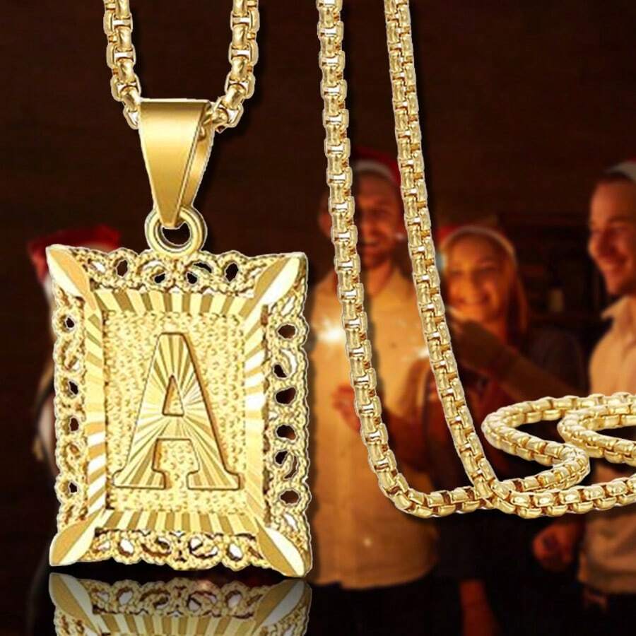 Collar con colgante de inicial para hombres y mujeres, collar con monograma en letra mayúscula cuadrada, collares con cadena de caja con letras del alfabeto de A a Z, cadenas cuadradas Rolo para hombres y mujeres