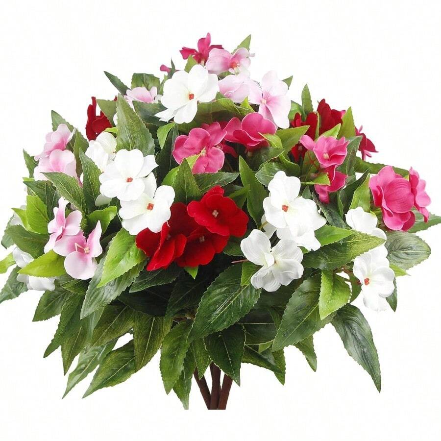 LDX4 Pcs Artificial Impatiens Flowers For Outdoors Faux Impatiens Bushes Multicolor Silk Flowers Greenery Artificial Impatiens Bouquet For Patio Lawn Garden Pot Hanging Basket Porch Decoration - RedYellowPurpleRoseRed - View 1