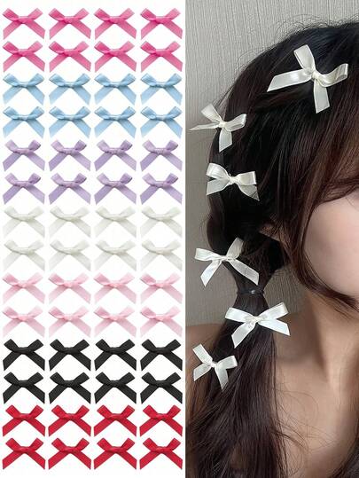 28/100件装女士发饰：7款彩色丝带蝴蝶结发夹/流行款/甜美少女丝绸小发夹/优雅公主仿毛皮发夹/芭蕾舞风Y2K仙女配饰/适合日常佩戴/可爱迷你缎面发夹