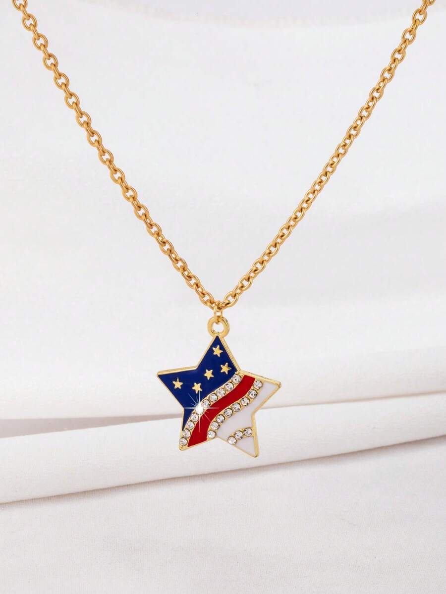 1pc Fashionable American Independence Day Red White Blue Star/Water Drop Shaped Pendant Necklace, European And American Creative Design - Multicolor - View 1