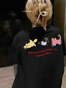 重磅卡通猫咪印花T恤，美式复古风，时尚女装，夏季上衣 - 黑色 - 查看 3