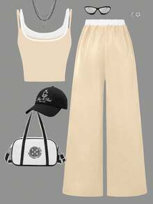 2件套女童休闲新款上衣，数码印花，搭配背心和侧条纹短裤或白色条纹长裤，适合夏季户外活动、日常聚会、旅行和其他场合。 - 杏色 - 查看 2