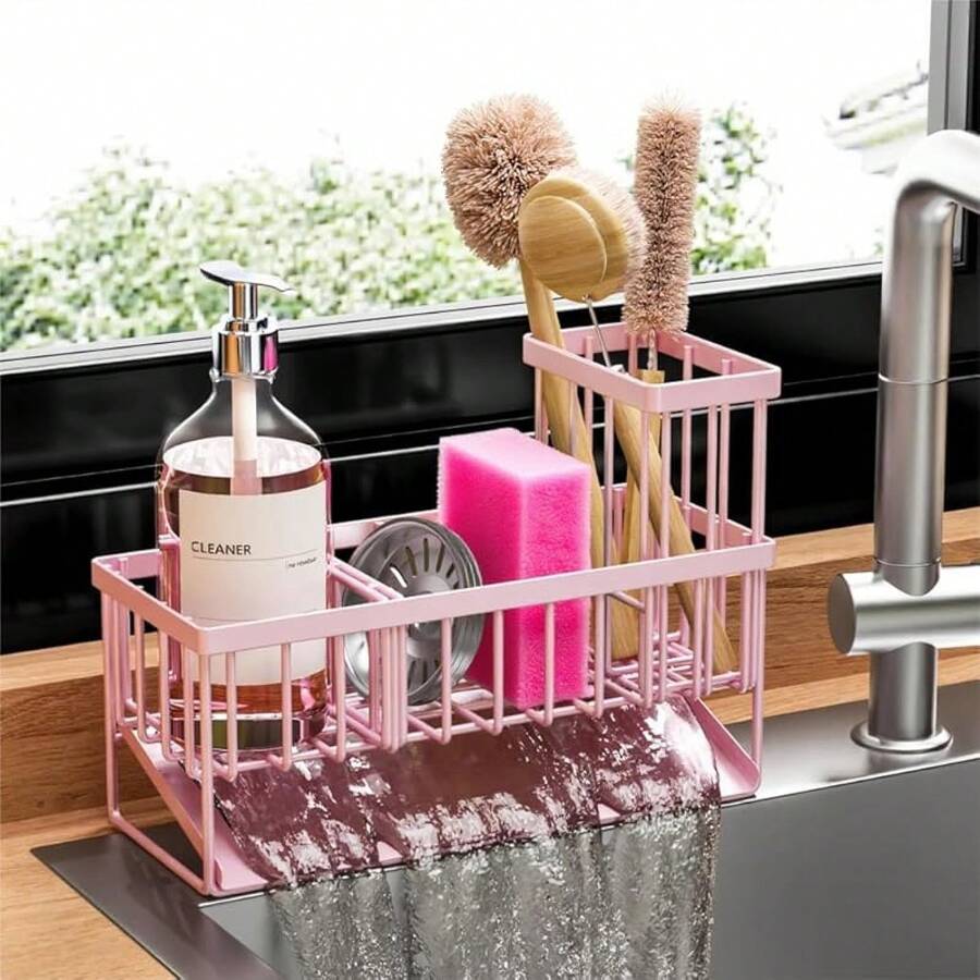 Kitchen Sink Caddy Organzier With High Brush Holder, Sponge Holder For Sink, 304 Rustproof Stainless, Kitchen Countertop Soap Dispenser Organizer, Kitchen Decor And Accessories - Hồng - Xem 1