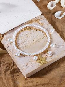 3pcs/Set White Pearl-Beaded Tassel, Starfish & Shell Pendant Anklet, Multilayer Foot Jewelry Suitable For Daily Wear And Beach Vacation - Multicolor - View 7