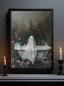 1 件浴缸里的鬼魂，万圣节装饰，鬼魂浴室印刷品，艺术海报印刷品，黑暗学院，复古海报，哥特式绘画，恐怖万圣节墙壁艺术，适用于宿舍、浴室、客厅、房间墙壁装饰，裱框艺术，易于悬挂