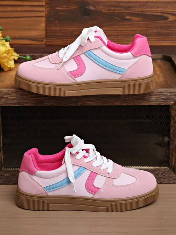 Women's Round Toe Lace-Up Contrast Color Flat Sneakers, Spring/Autumn Campus Style Fabric Trainer Shoes
