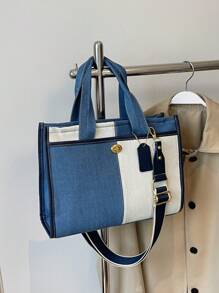 休闲优雅拼色帆布宽肩带女士托特包，大容量时尚手提包，休闲百搭手提包，适合女性或学生的文艺书包和书包，非常适合书籍、购物、返校等 - 彩色 - 查看 2