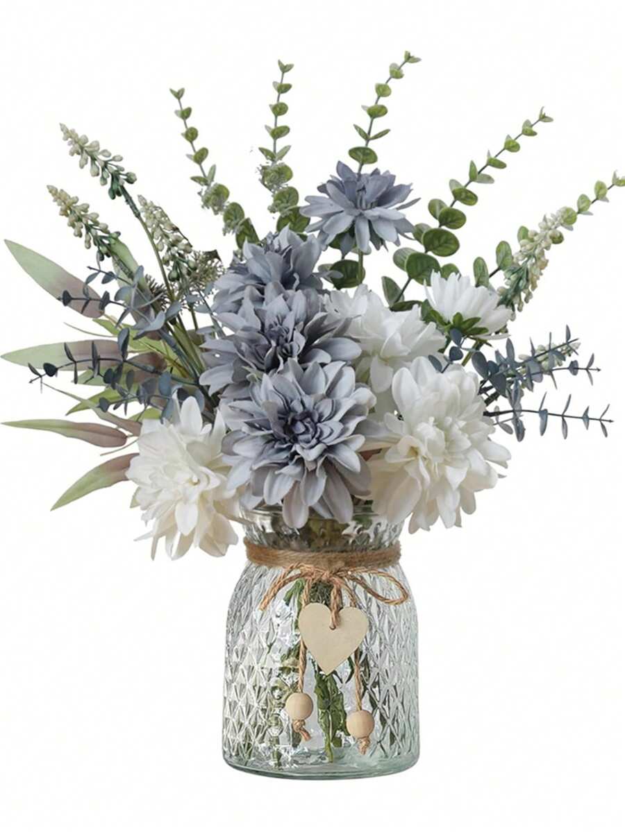 1束人造丝大丽花配桉树枝，仿真花花束，婚礼新娘捧花，桌面装饰，家居办公室浴室农舍厨房餐厅装饰 - 彩色 - 查看 1