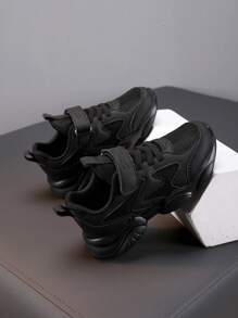 1 Pair Kids Black Mesh Breathable Running Shoes, Boys Girls Sports Shoes With Hook And Loop Fastener