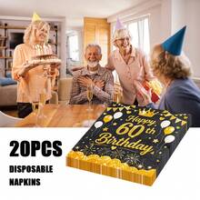 80/40/20 قطعة من منديل الحفلات عيد الميلاد القابل للتخلص من البالوعة مقاس 13 * 13 بوصة، خلفية سوداء، نص عيد ميلاد ال- 60 سعيد بالذهبي، تاج عيد الميلاد و نمط البالونات، تستخدم في حفلات أعياد الميلاد، التجمعات العائلية، فنادق وديكور المطاعم