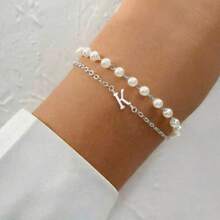 2Pcs Simple Initial Letter Necklace Pendant & Bracelet Set For Women, Silver Stainless Steel Faux Pearl Bead Chain, Minimalist Fashion Jewelry Gift