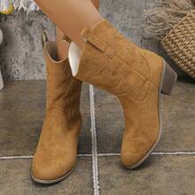 女士纯色休闲复古绗缝尖头厚底高跟中筒靴，适合度假、派对、四季穿着 - 棕色 - 查看 3