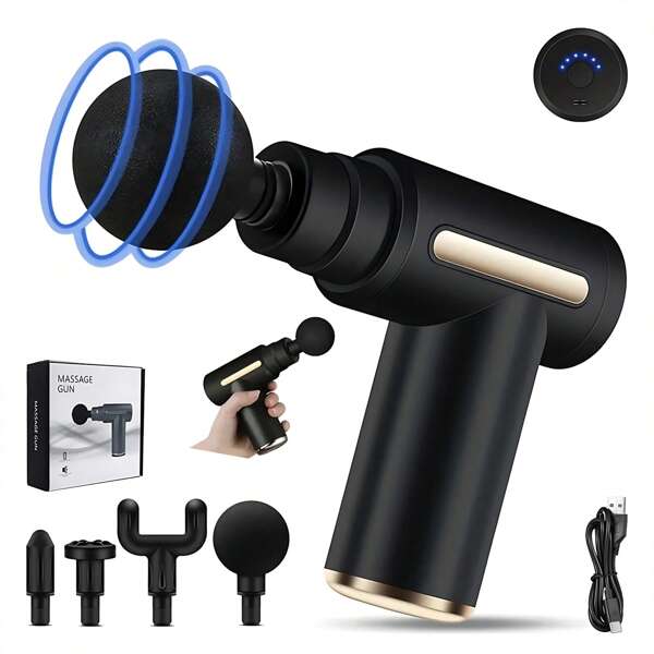 Pistola de Masaje Eléctrica Portátil de Tejido Profundo con 4 Cabezas y 6 Velocidades – Mini Masajeador Corporal para Alivio del Dolor Muscular y Estrés – Ideal para Espalda, Piernas y Cuello – Regalo para Mamá y Papá