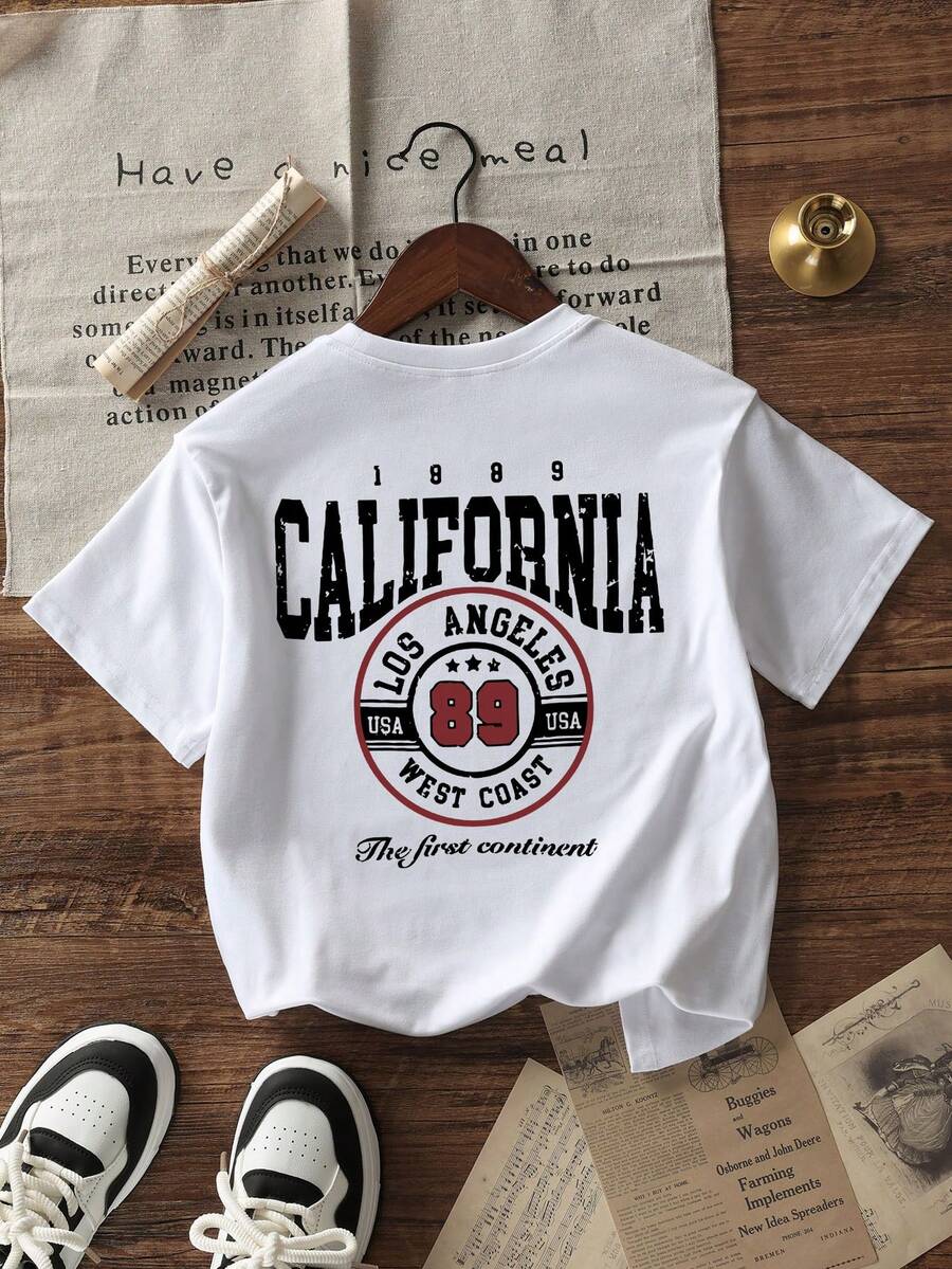 1 Stück Mädchen Lässig s-Pullover mit rundem Ausschnitt und Kurzarm, mit Druckmotiv, Sommer, für Studenten geeignet